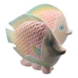 Pair Of VTG Hand Carved Wooden Tropical Colorful Fish Figurines Ocean Indonesian